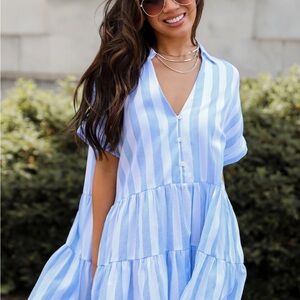 Hudson Gray Light Blue Vertical Stripe Tiered Button Dress